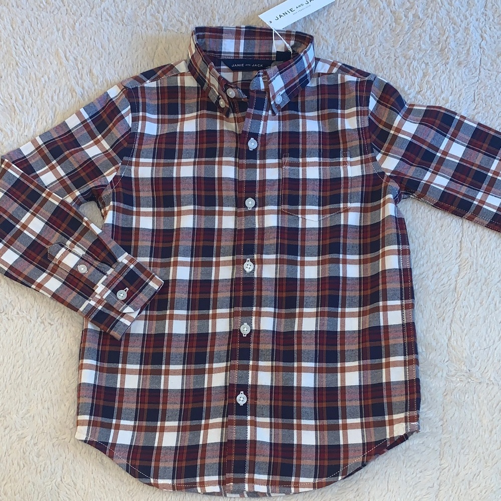 NWT Janie and Jack 4 Chocolate Bar Plaid Button Down Shirt Brown Navy